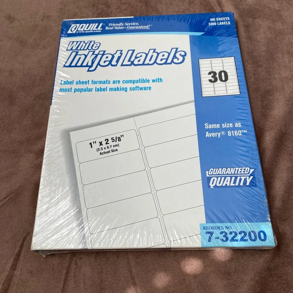Quill White InkJet Labels. 3000 labels, 100 sheets. 30 per page. Sealed, NIB
